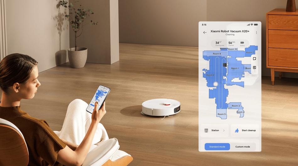 Control the vacuum cleaner remotely and customize cleaning with the Mi Home app
